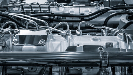 Fototapeta premium Beautiful stainless steel new shiny car or truck engine, industrial transport concept background.