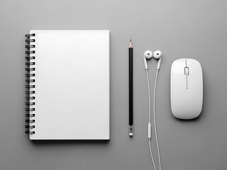 Minimalist workspace flat lay with notebook pencil earbuds and computer mouse