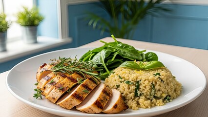 Healthy balanced meal featuring grilled chicken, quinoa and spinach for nutritious dining
