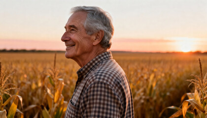 Smiling senior farmer standing in a cornfield at sunset. Elderly man looking over his crop during harvest. Agriculture and retirement concept