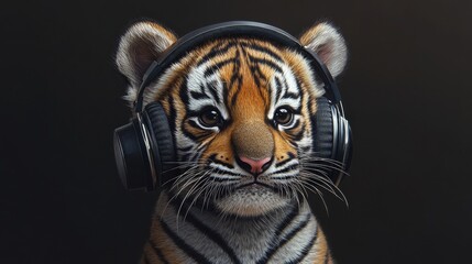 Adorable tiger cub with headphones and blushing cheeks 