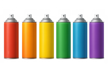 Spray paint cans in vibrant rainbow colors lined up, representing creativity, street art, and artistic expression. Transparent background