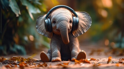 Obraz premium Cute baby elephant with big headphones 