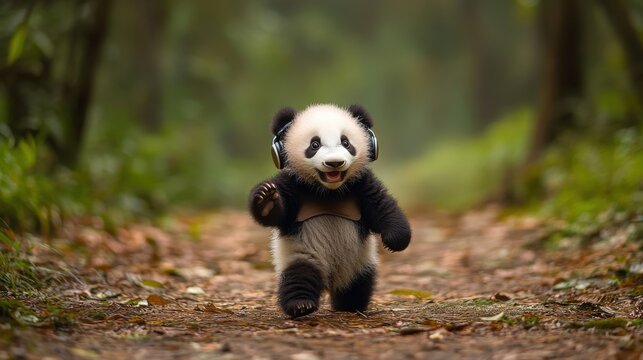 Cuddly panda cub dancing with joy and headphones 