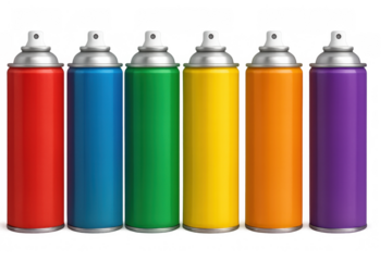 Group of vibrant spray paint cans arranged in rainbow colors, representing urban art, creative expression, and diy projects. Transparent background