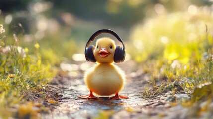 Duckling with oversized headphones, joyful expression