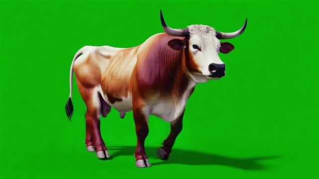 A brown and white bull standing still against a green background for easy chroma keying use cow green screen video