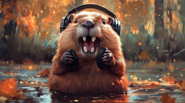 Happy beaver with headphones and buck teeth