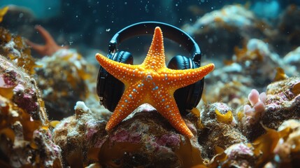 Happy starfish with underwater headphones 