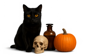 Black cat, halloween pumpkin, skull, and potion bottle with transparent background
