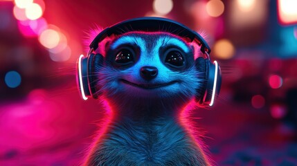 Laughing meerkat with neon headphones 