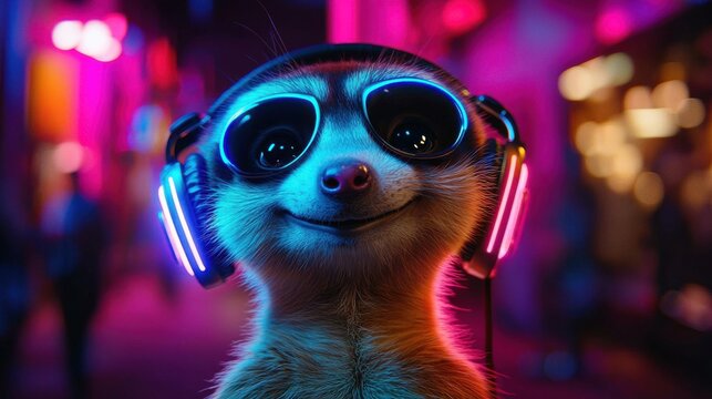 Laughing meerkat with neon headphones  - Powered by Adobe