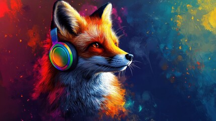 Silly fox wearing rainbow-colored headphones 