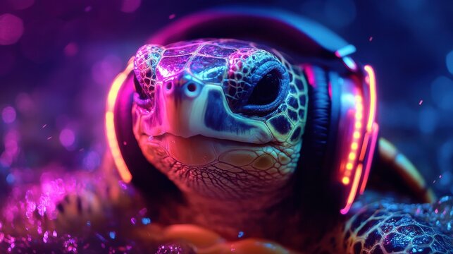 Smiling turtle with neon headphones 