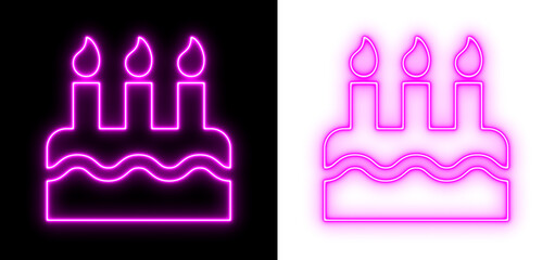 Glowing pink neon birthday cake icon with three candles, displayed on black and transparent backgrounds