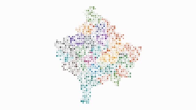 Kosovo animated country shape. Pulsating colored dots on the map of the country. Small size square blocks. Digital style Kosovo map on white background. Stylish animation video.