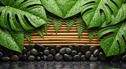 Serene spa background featuring monstera leaves ferns and stones with water droplets conveying