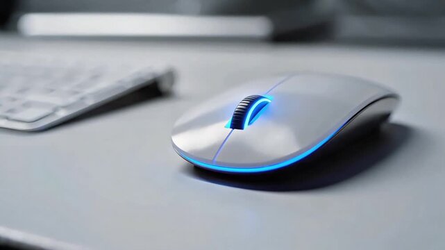 Wireless mouse glowing blue light on clean minimal workspace desk surface, modern computer accessory footage