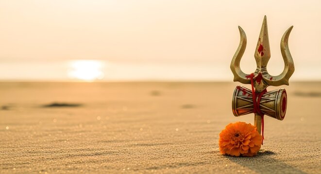 Trishul and damaru symbol with marigold flower on golden sand during sunset for sacred Hindu pilgrimage concept and Ganga Sagar Mela