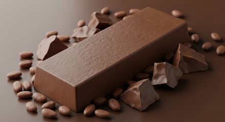 A delicious chocolate bar surrounded by chocolate chunks and cocoa beans on a brown surface