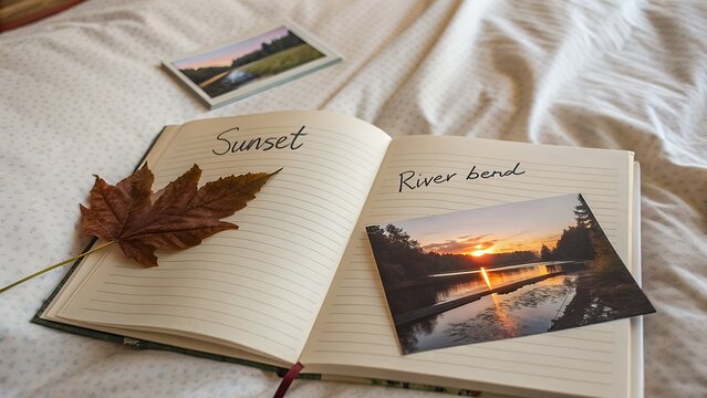 Open journal displaying a sunset photo and a pressed leaf sldo river bend word
