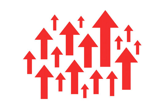 Red up arrows showing business growth, market increase, financial progress, success, and positive stock chart direction on transparent background
