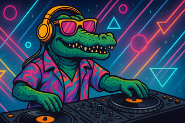 Colorful neon illustration of a cool crocodile DJ mixing music on turntables in a retro futuristic club atmosphere with vibrant geometric shapes
