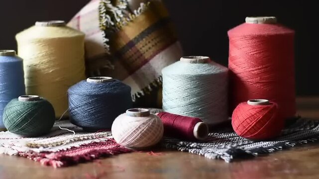 Colorful spools of yarn with textile background.