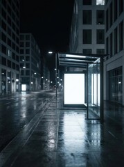 Empty bus stop with a blank billboard on a rainy city street at night.