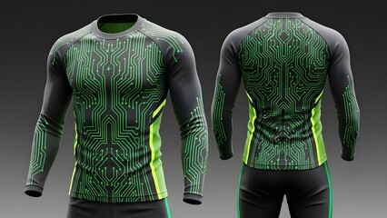 Long-sleeve athletic jersey mockup with a futuristic green and black circuit board graphic pattern. Perfect for sportswear design templates, eSports team apparel, or tech-themed fitness projects