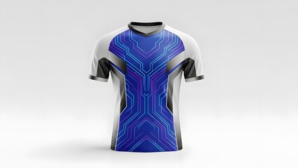 Blue Matrix BJJ Rash Guard Mockup. Athletic men's t-shirt template with futuristic cyan and purple geometric circuit board graphics. Blank eSports or grappling unifor