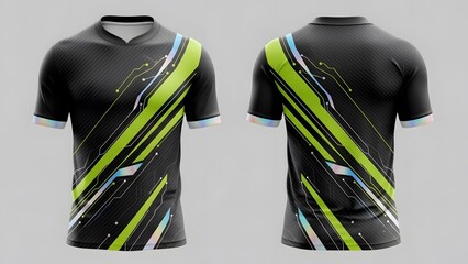Black and neon green eSports jersey mockup for sublimation printing. Futuristic athletic t-shirt design template featuring abstract circuit board graphics and gradient accents. Perfect for gaming team