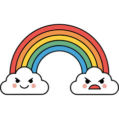 Obraz premium Cute Cartoon Rainbow With Two Clouds One Happy And One Angry On A Black Background Simple Vector Art