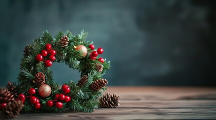 Traditional Home Holiday Decorations with Rustic Pinecone Table Centerpiece and Festive Accents, Copy space