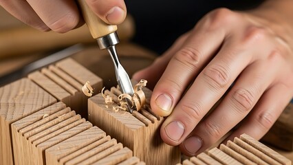 Close-up of Artisan Hand Carving Wooden Blocks with Precision Tooling