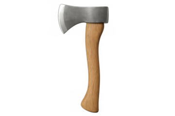 Axe with wooden handle and metal blade on transparent background