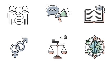 Collection of six line icons representing concepts human rights.