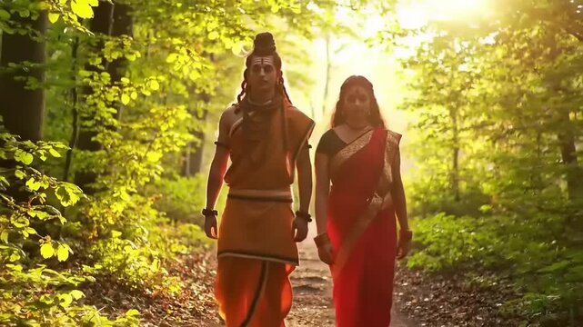 Couple in traditional attire walk in forest.