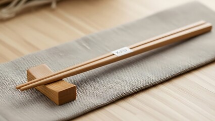 Elegant wooden chopsticks resting on a chopstick holder with linen cloth