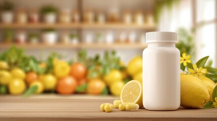 Probiotic Beverage Showcase With Focus on White Container, Fresh Lemons, and Blurred Fruits on Matte Table