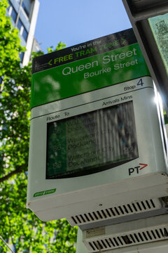 MELBOURNE, VICTORIA, AUSTRALIA - December 23, 2018: Free Tram Zone Digital Sign at Queen Street Stop 4 Showing Route 86 Schedule