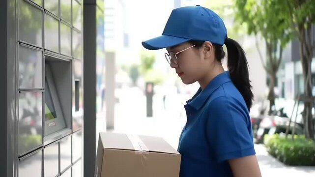 Courier delivering package to locker box.