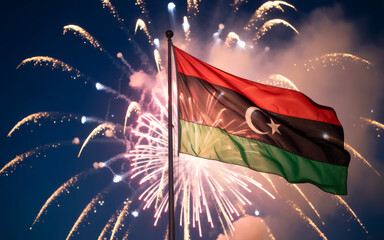 Celebrating Libyan pride with vibrant fireworks illuminating the night sky behind the national flag, symbolizing unity