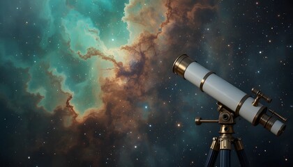 Explore the cosmos with a vintage telescope against a stunning nebula backdrop, perfect for science, education, and astronomy enthusiasts worldwide