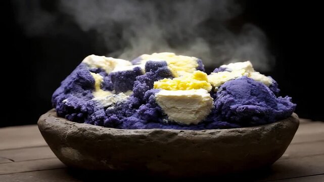 Steaming Hot Purple and Yellow Mash in Rustic Bowl, Close Up.