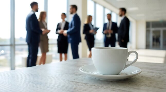 White coffee cup on table in bright modern lobby during professional networking break, with business colleagues conversing in blurred background inside contemporary corporate setting - Powered by Adobe