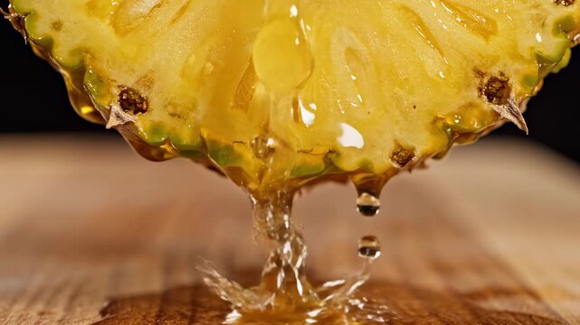 Close-up of fresh pineapple slice with juice dripping onto a wooden surface, highlighting natural sweetness and tropical fruit essence.