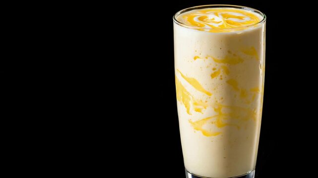 Refreshing Yellow Swirl Mango Lassi Drink in Tall Glass Against Black.