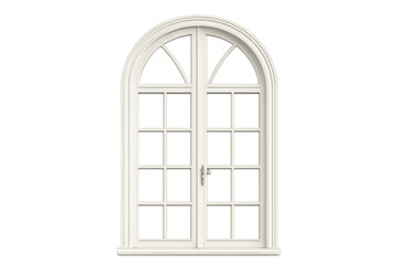 White arched windows with casements and french doors, classic architectural element, transparent background