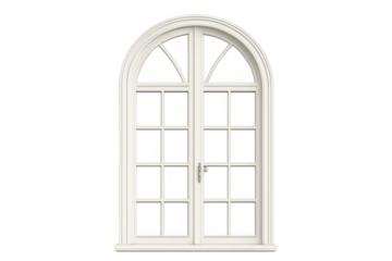 White arched windows with casements and french doors, classic architectural element, transparent background